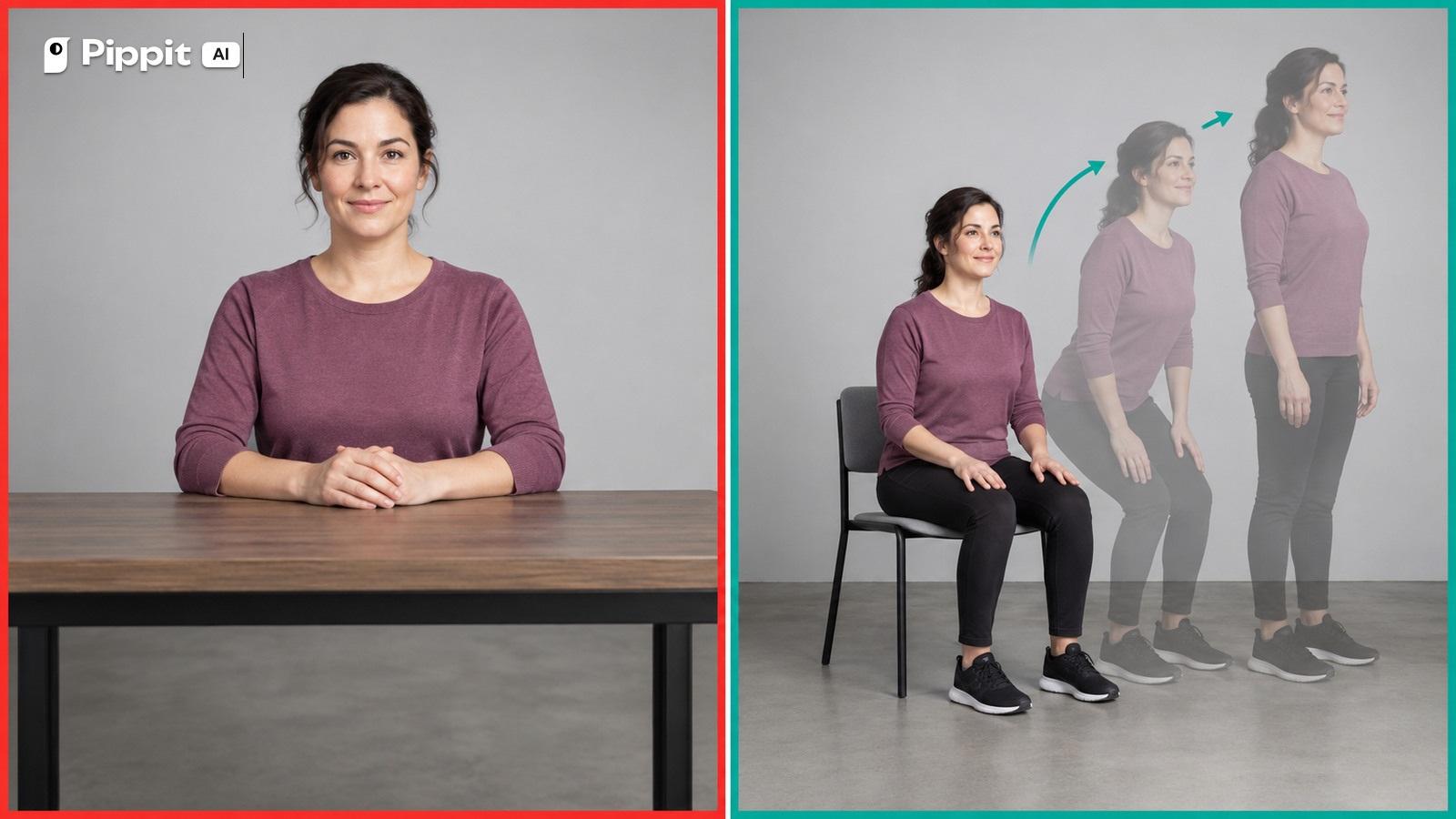 A chest up seated portrait is compared with a full body seated source and a standing motion path.