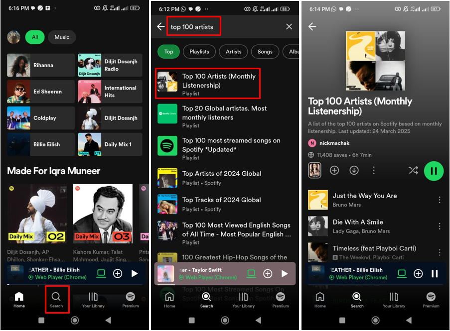 Imagen que muestra cómo encontrar los 100 mejores artistas de Spotify en tu teléfono