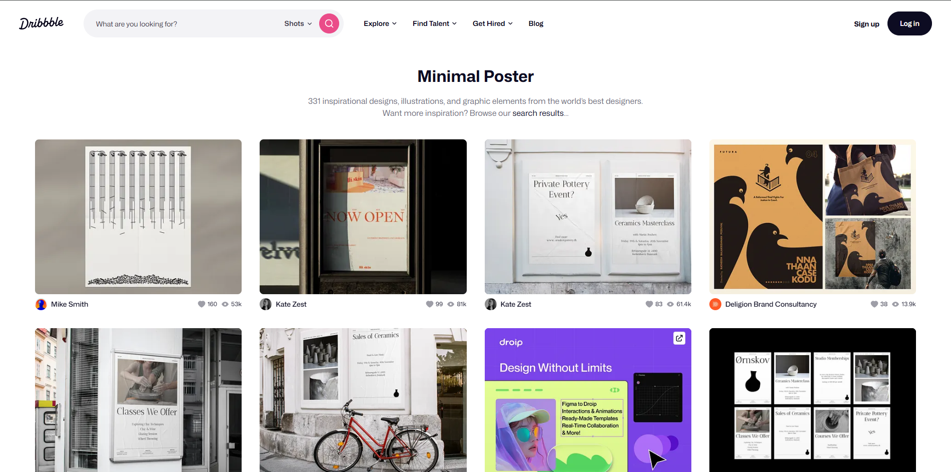 Interface of Dribbble - a resource for minimalistic poster designs