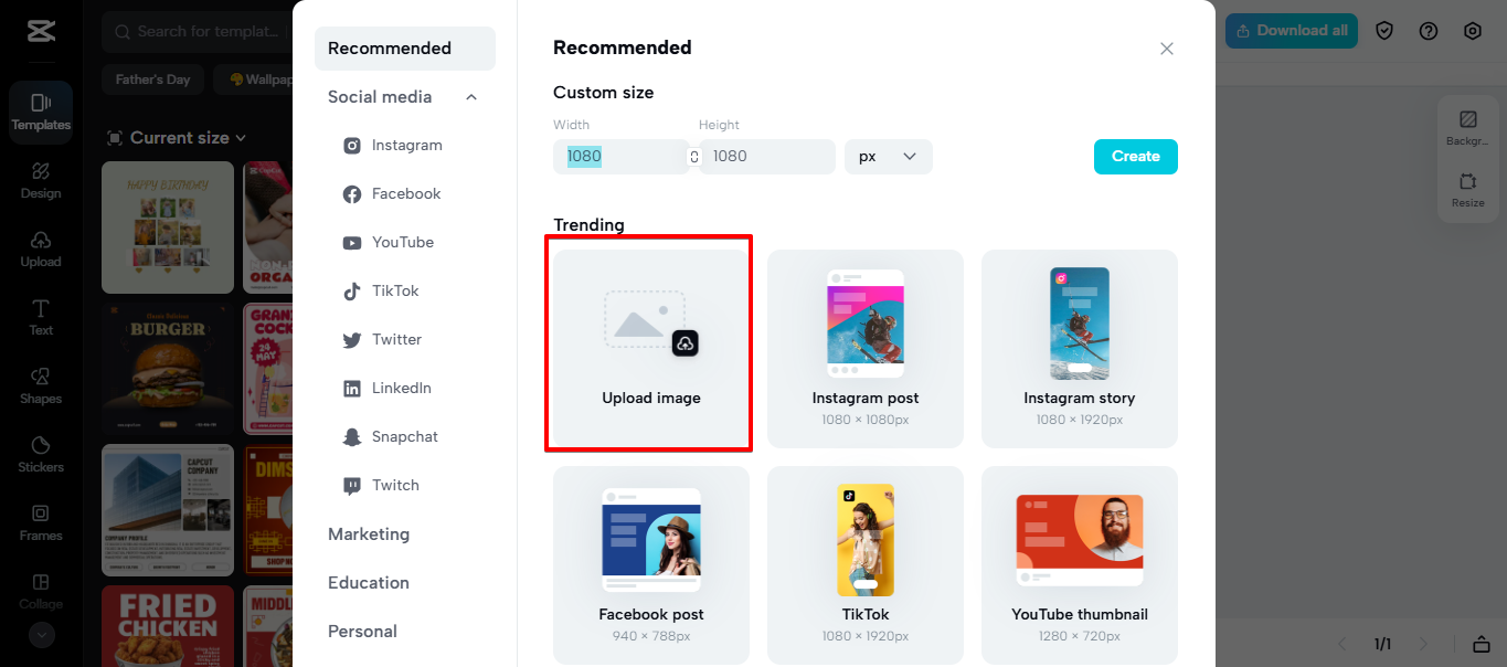Uploading an image to CapCut Web