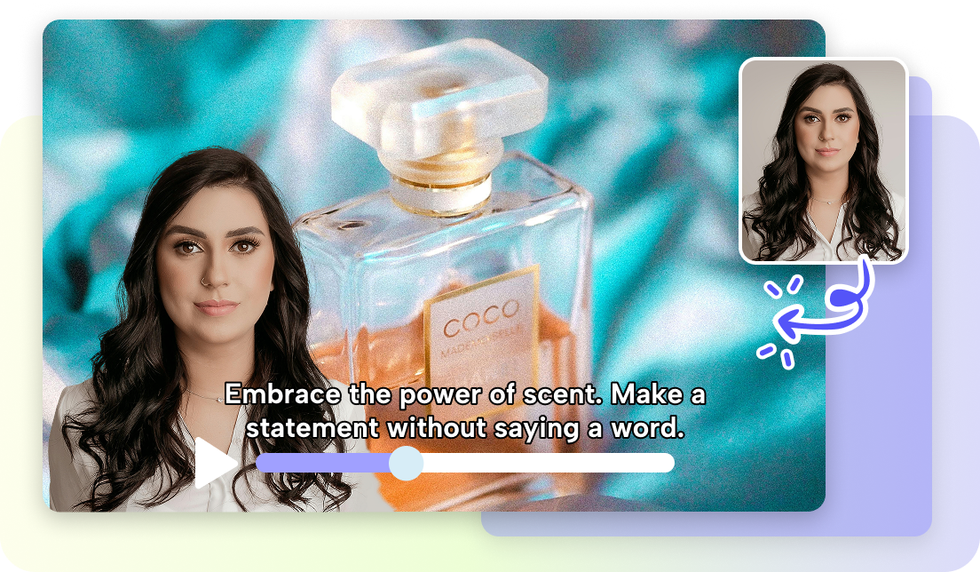 Multilingual avatars & voiceover: diverse avatars, language bubbles, waveform, subtitle bar.
