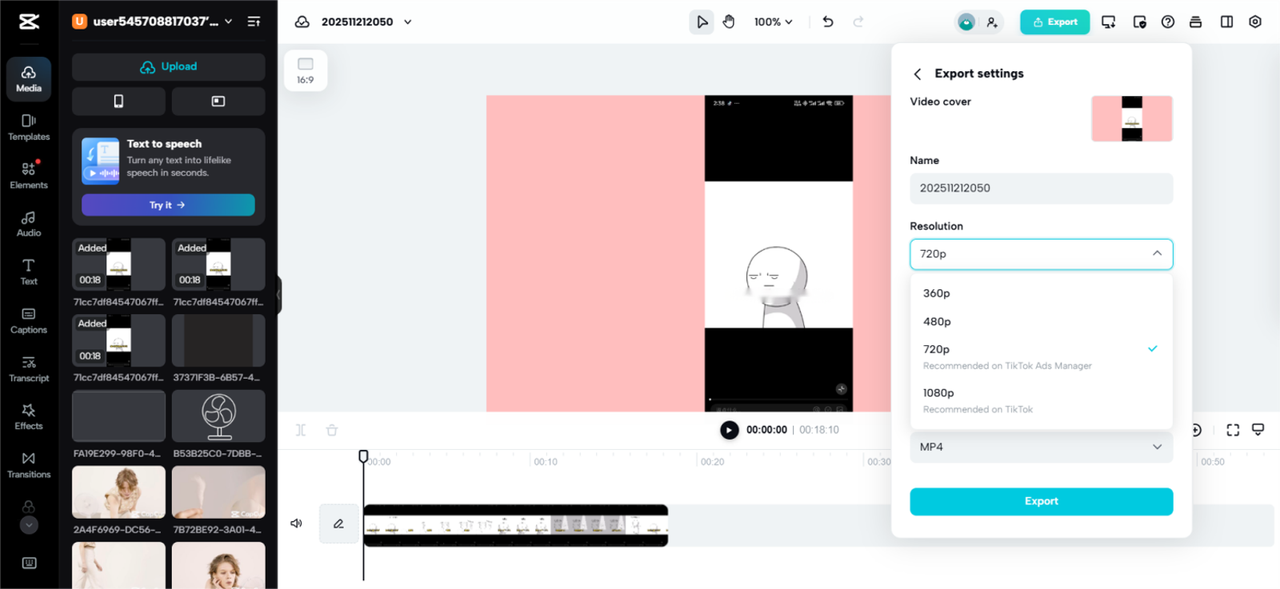 Change video resolution in CapCut Web