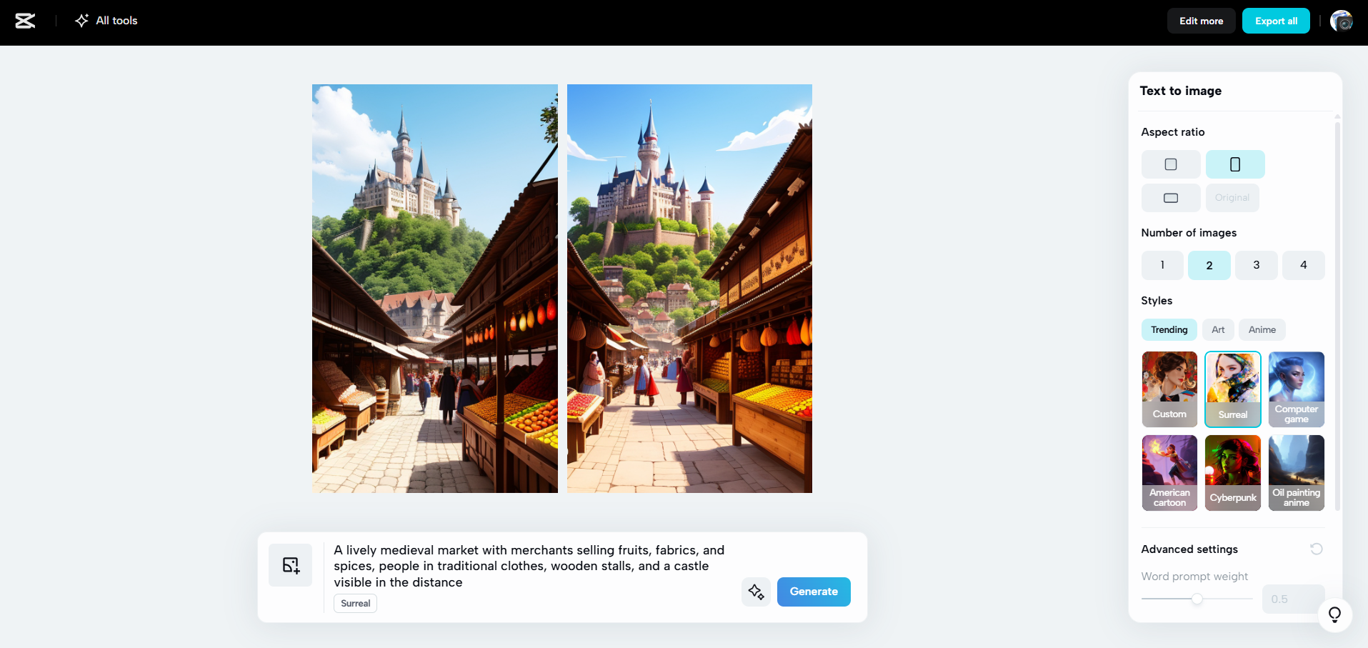 Interface van CapCut Web - een snelle manier om AI-afbeeldingen te genereren