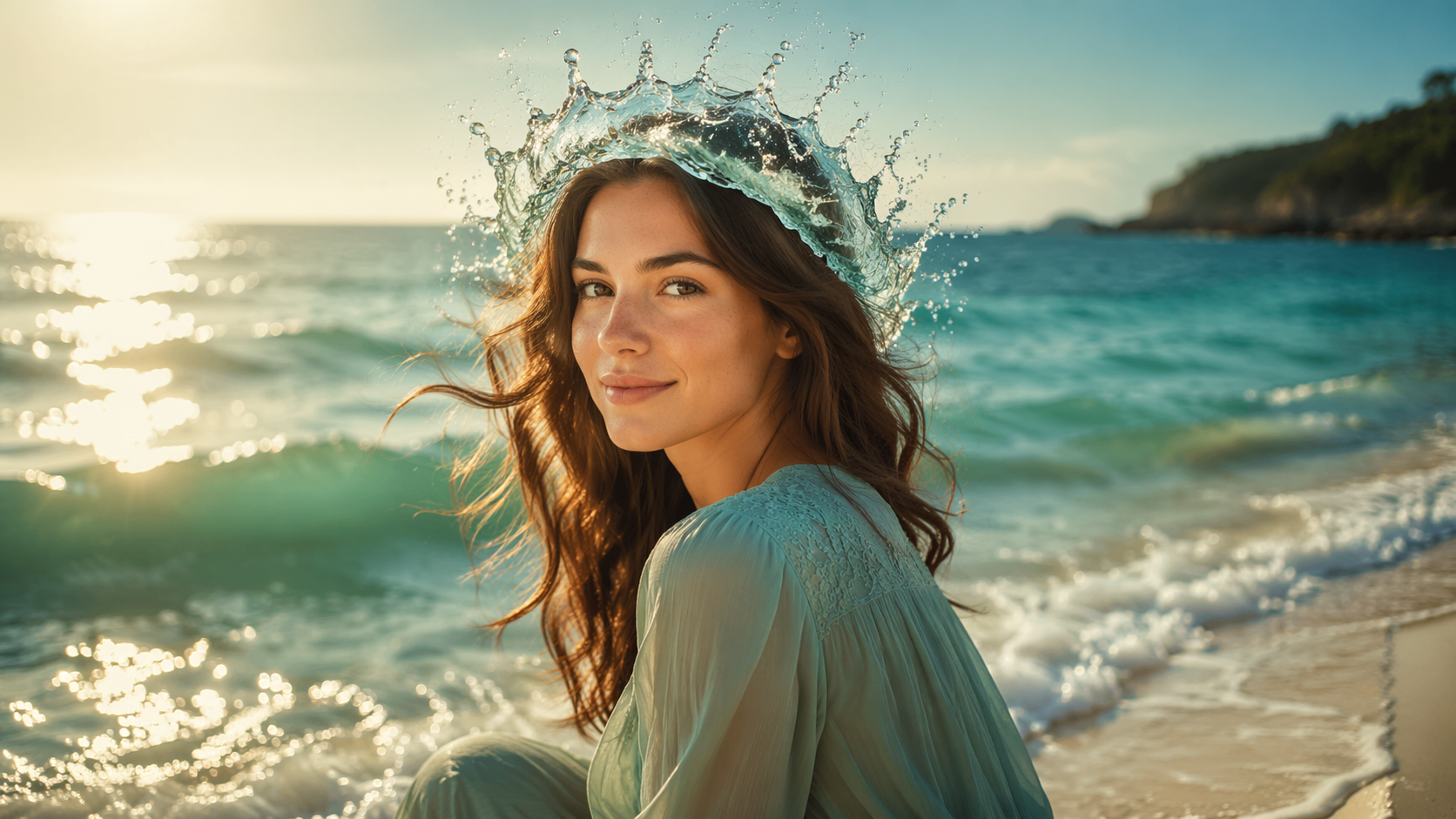 Dreamina IA Ocean Wave Filter exemplo de prompt 5: Aqua Sunset Scene
