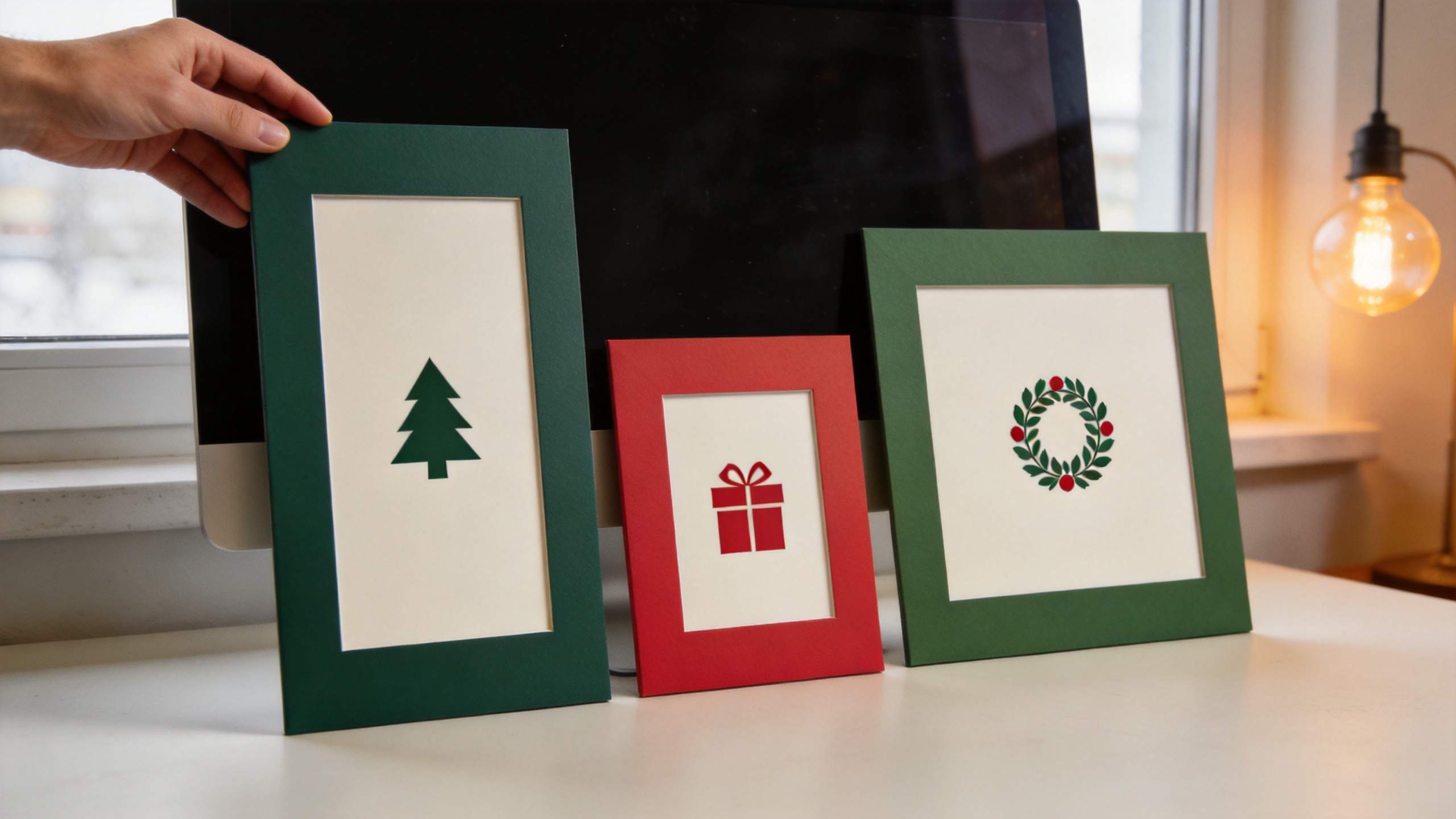 Three holiday photo frames with tree, gift, and wreath designs on a desk