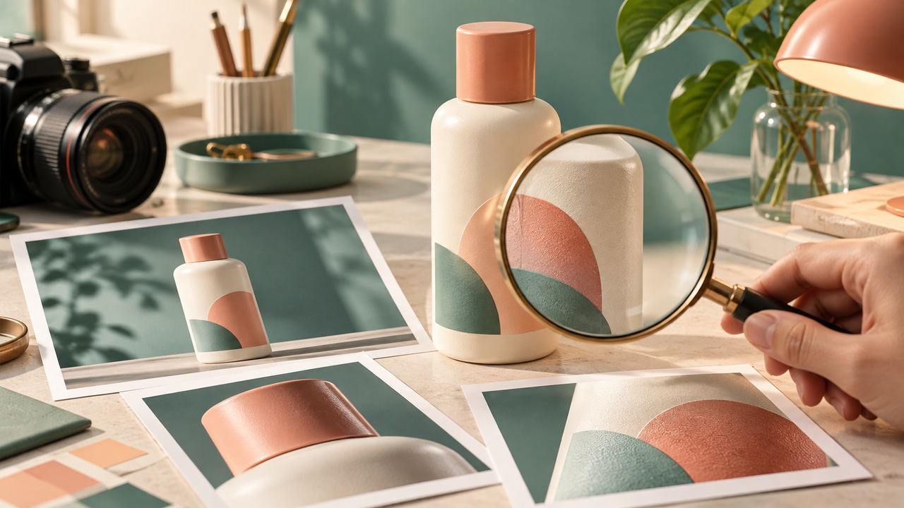 A bottle, detail prints and a magnifying glass on an inspection desk