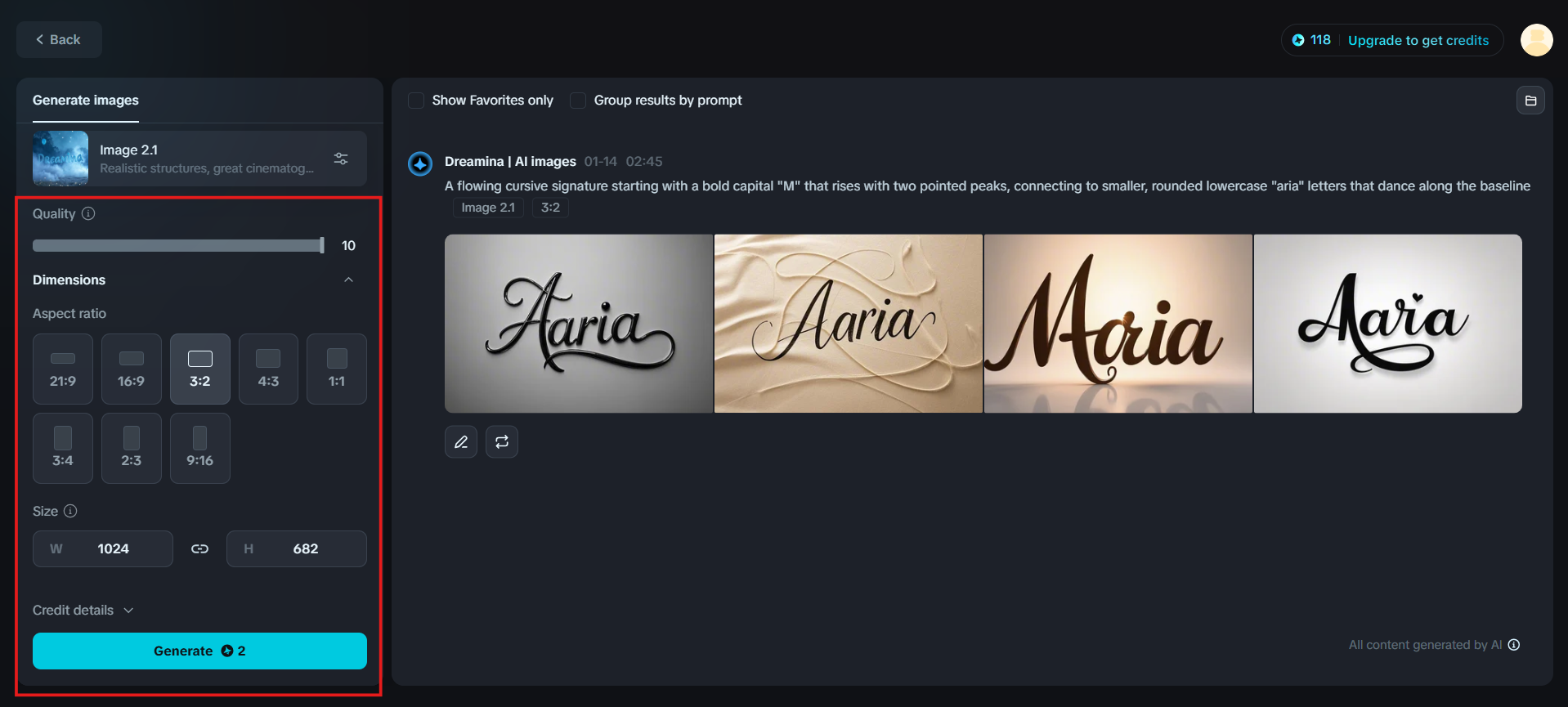 Configurar los parámetros de diseño para la cursiva del generador de firmas de Dreamina