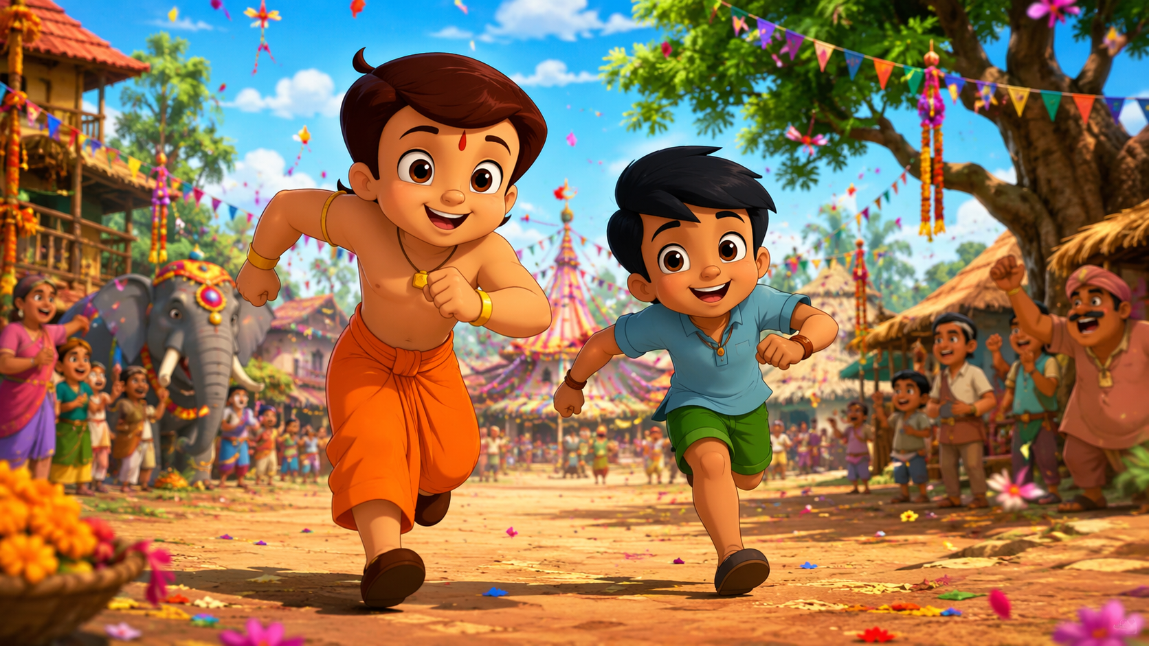 Dreamina Chota Bheem und Raju AI Video Prompt Beispiel 3: Bunter Action-Moment
