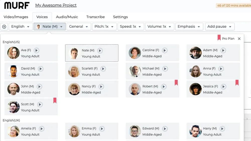 واجهة استوديو Murf.ai مع جدول زمني للفيديو ومحرر تحويل النص إلى كلام