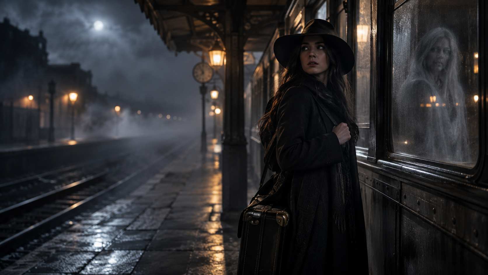 Haunted Train Platform: A fictional adult traveler on an empty old train platform at night, with one faint see-through ghost reflected in the window and subtle silver fog.