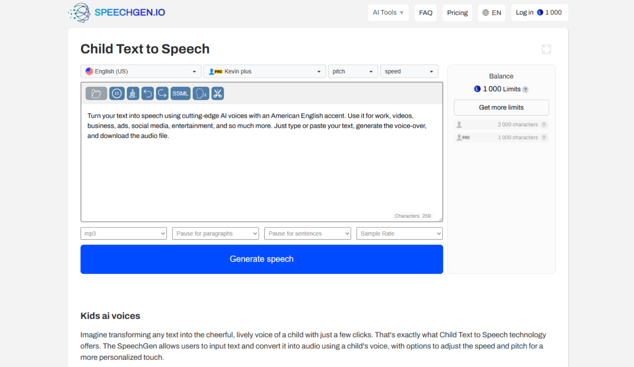Interface of SpeechGen.io - an easy to use child text to speech tool