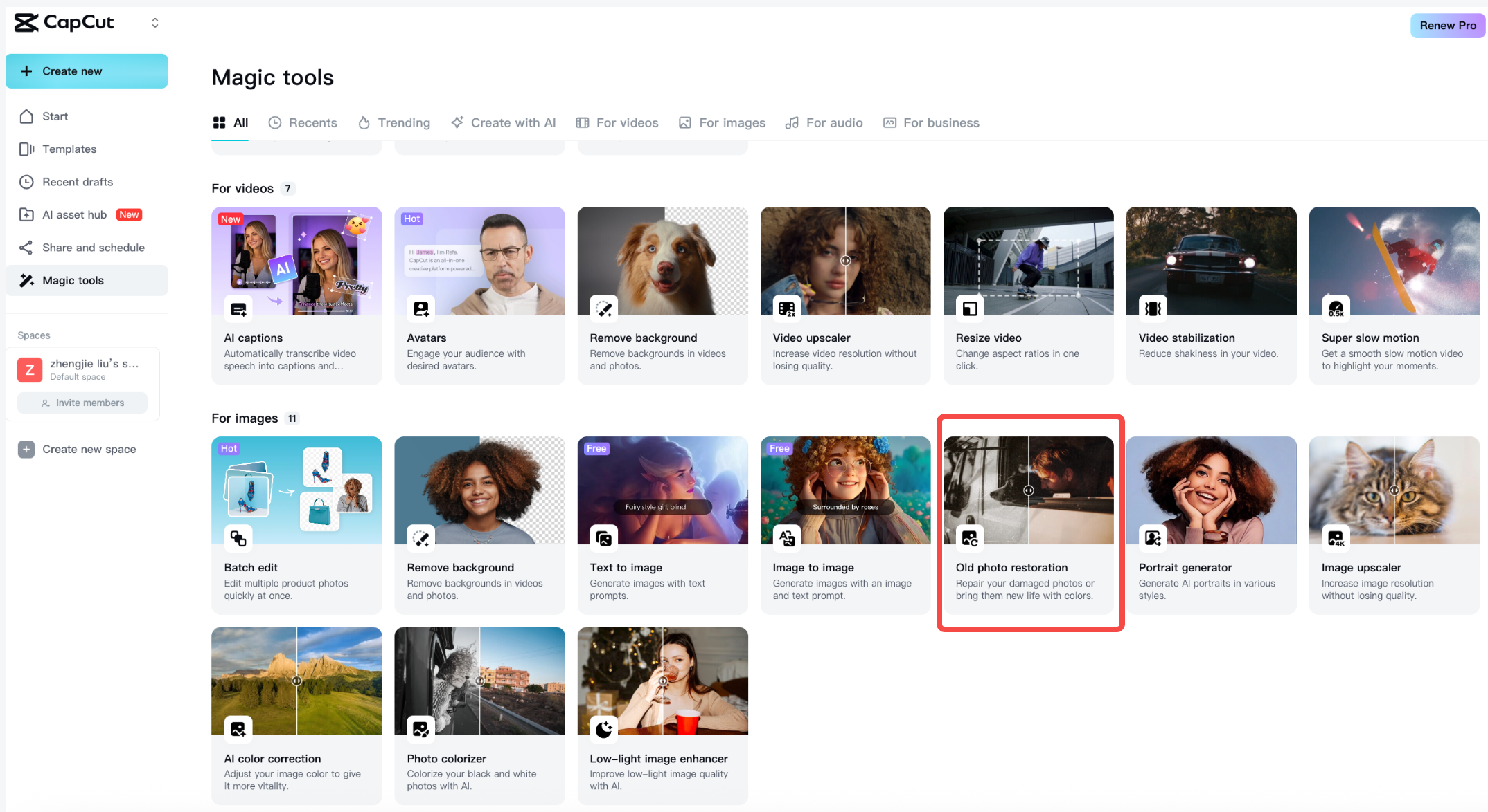 Zugriff auf das Tool zur Foto-Restaurierung in CapCut Web