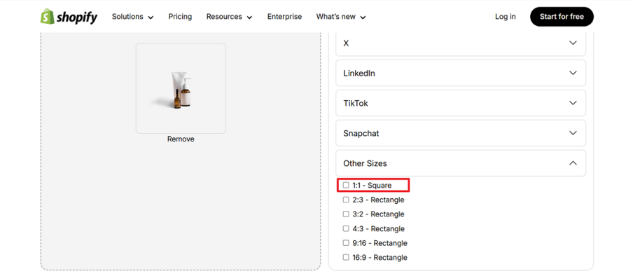 choose the size for the image