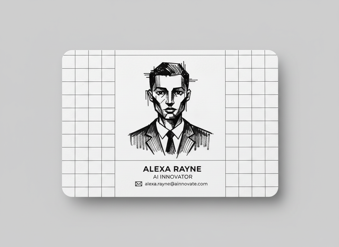 Business card mockup featuring an AI avatar portrait in brush pen marker sketch style, white background, high‑contrast lines.