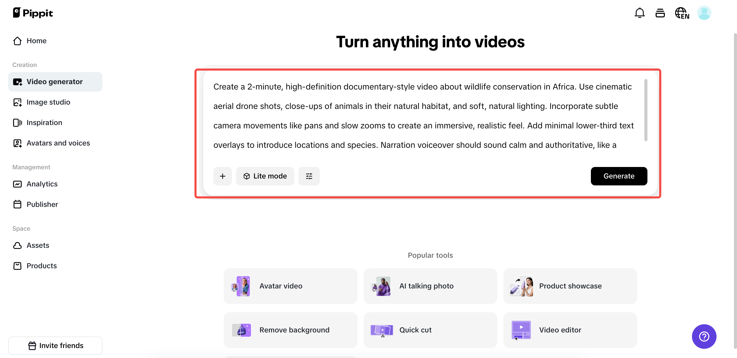 "Video generator" bölümüne erişin