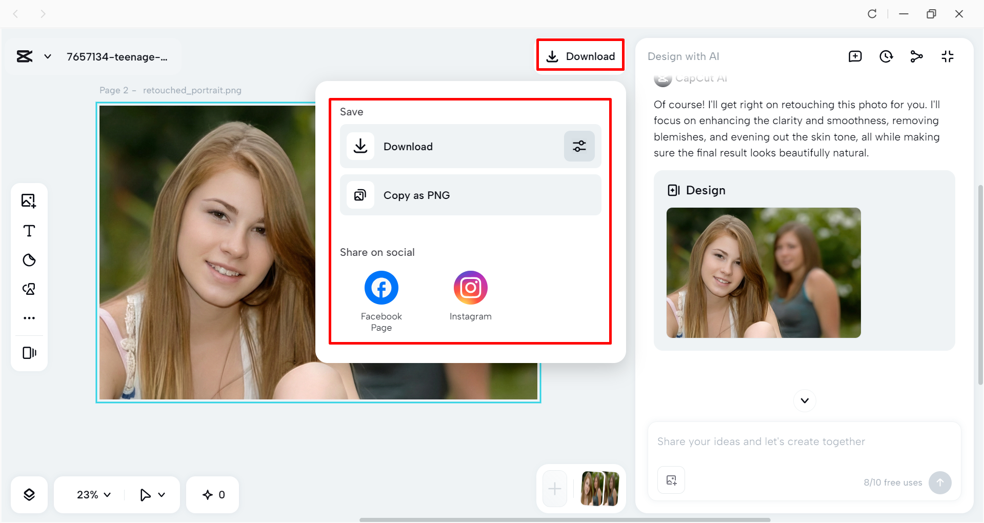 Downloading the image from the CapCut desktop video editor