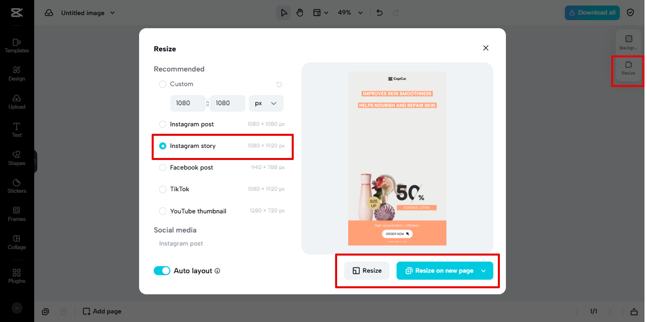 Auto Instagram stories dimension resizing in Pippit