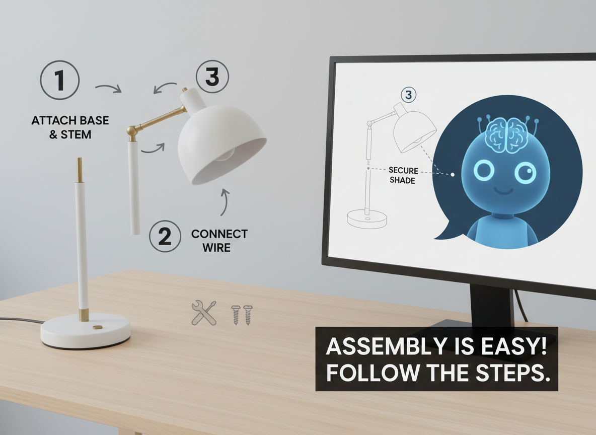 AI avatar explains step-by-step assembly for a desk lamp; disassembled parts with arrows and numbered labels; subtitles visible on monitor.
