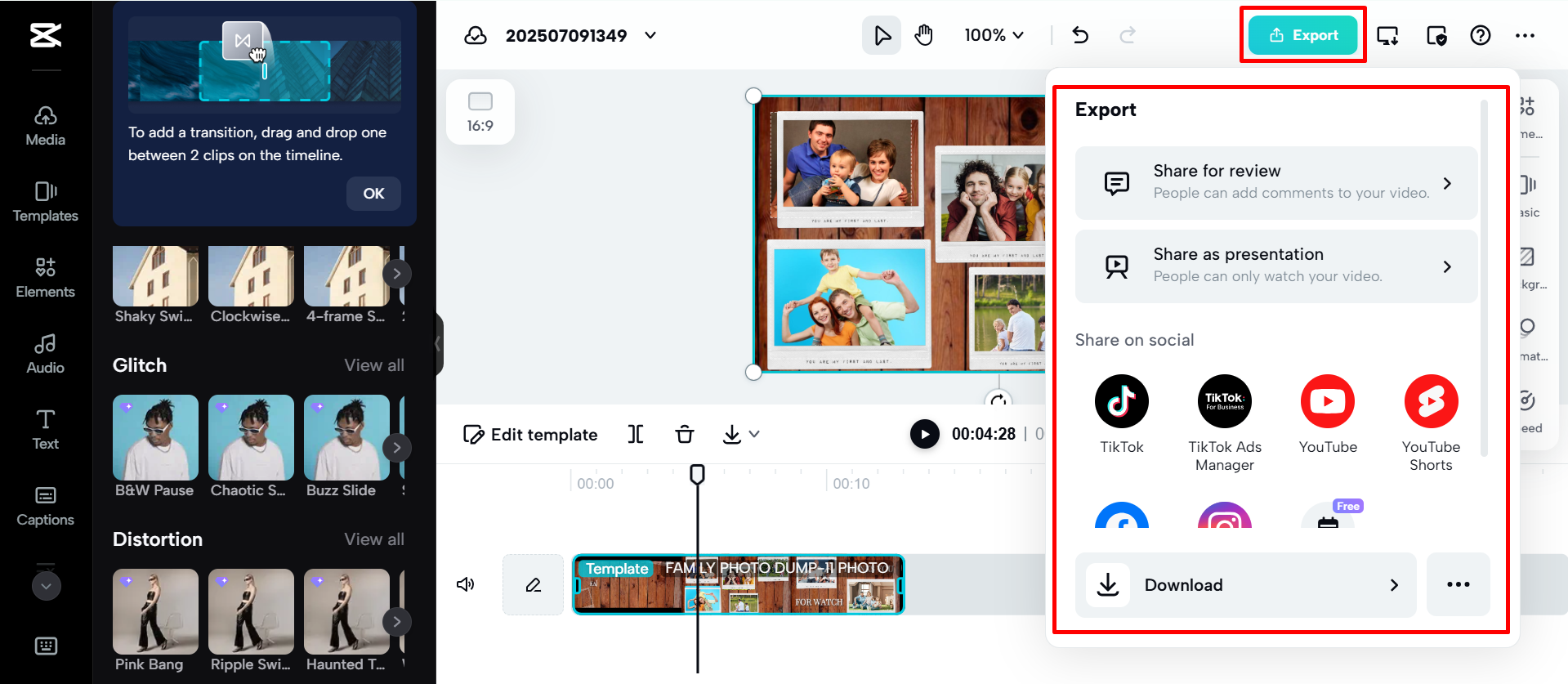 Exportieren und Teilen der Videomontage von der CapCut Web.