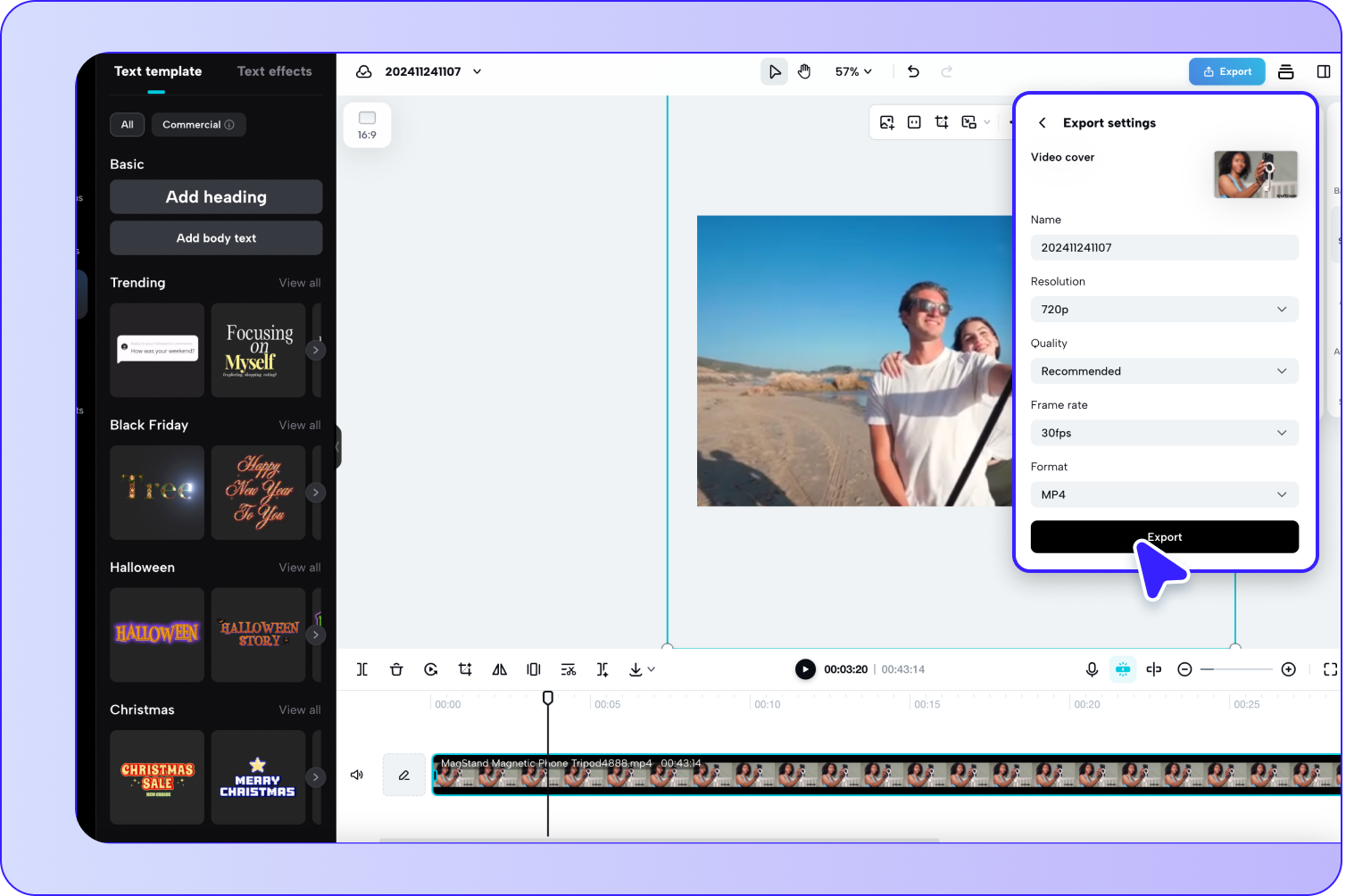 The Filmora interface with an arrow pointing to the 'Export' button.