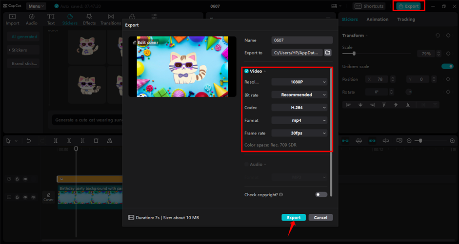 Exporting the video from the CapCut desktop video editor