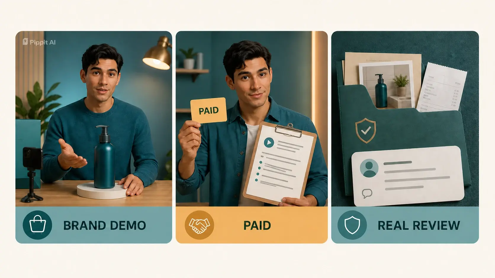 Three-panel graphic comparing brand demo, paid, and real review signals