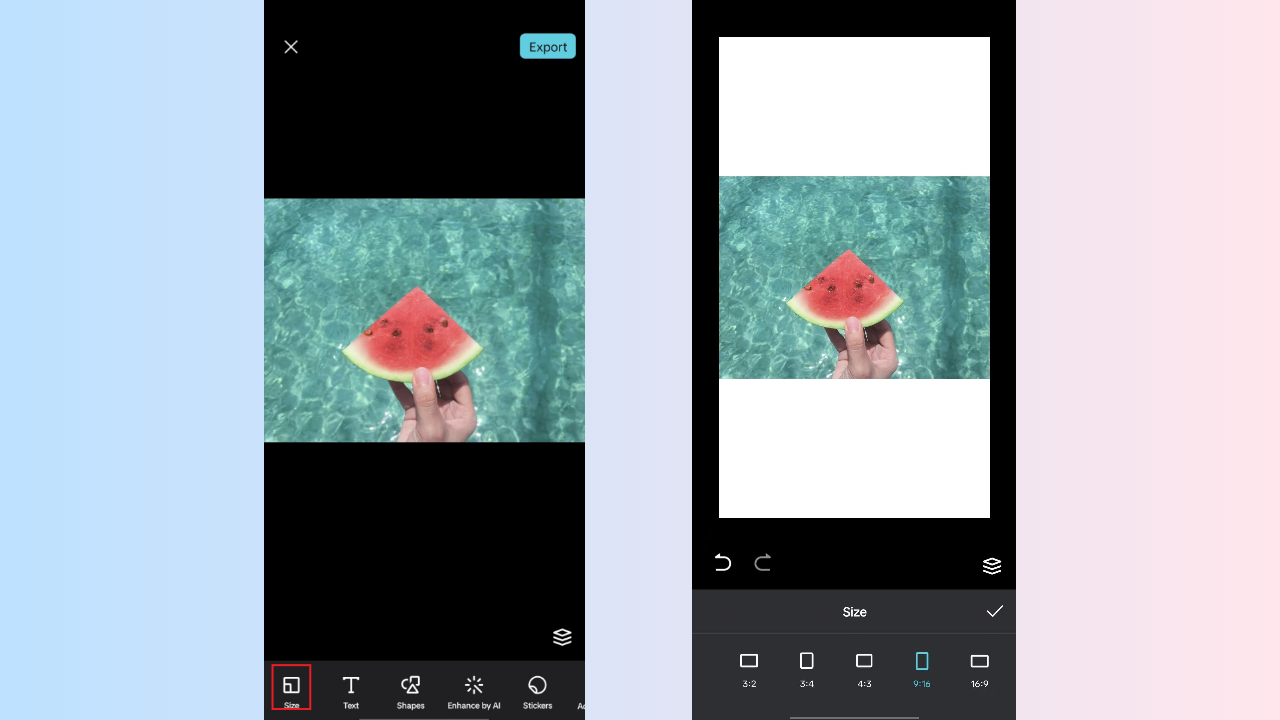 Piliin ang \"Size\" para sa canvas