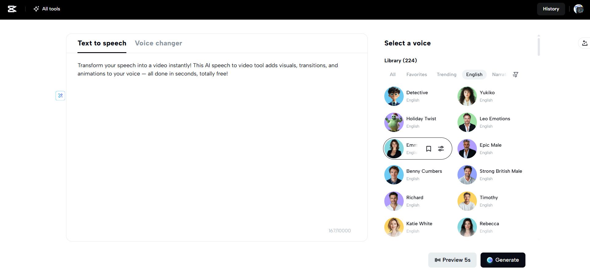 Interface of CapCut Web - an easy way to convert text to speech in videos