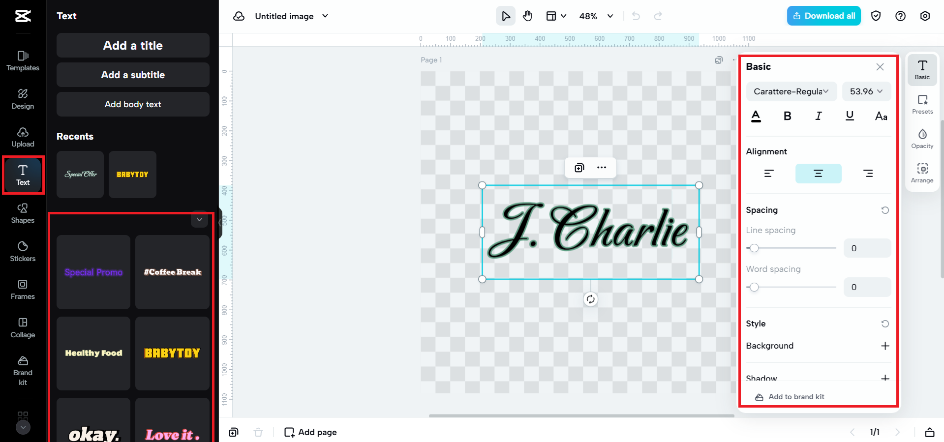 "텍스트"를 선택하고 이름/이니셜 편집