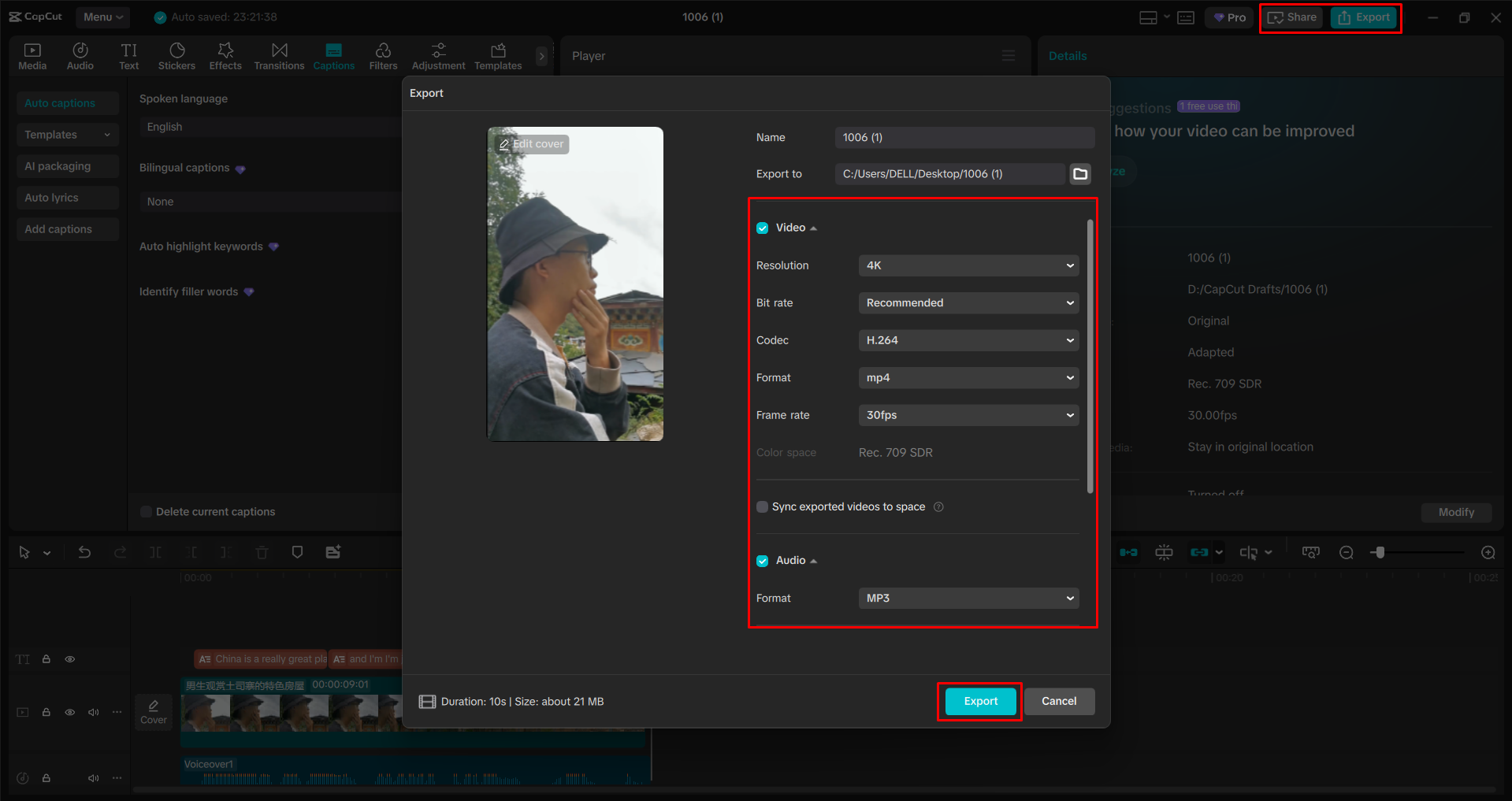 Exporting a video from the CapCut desktop video editor