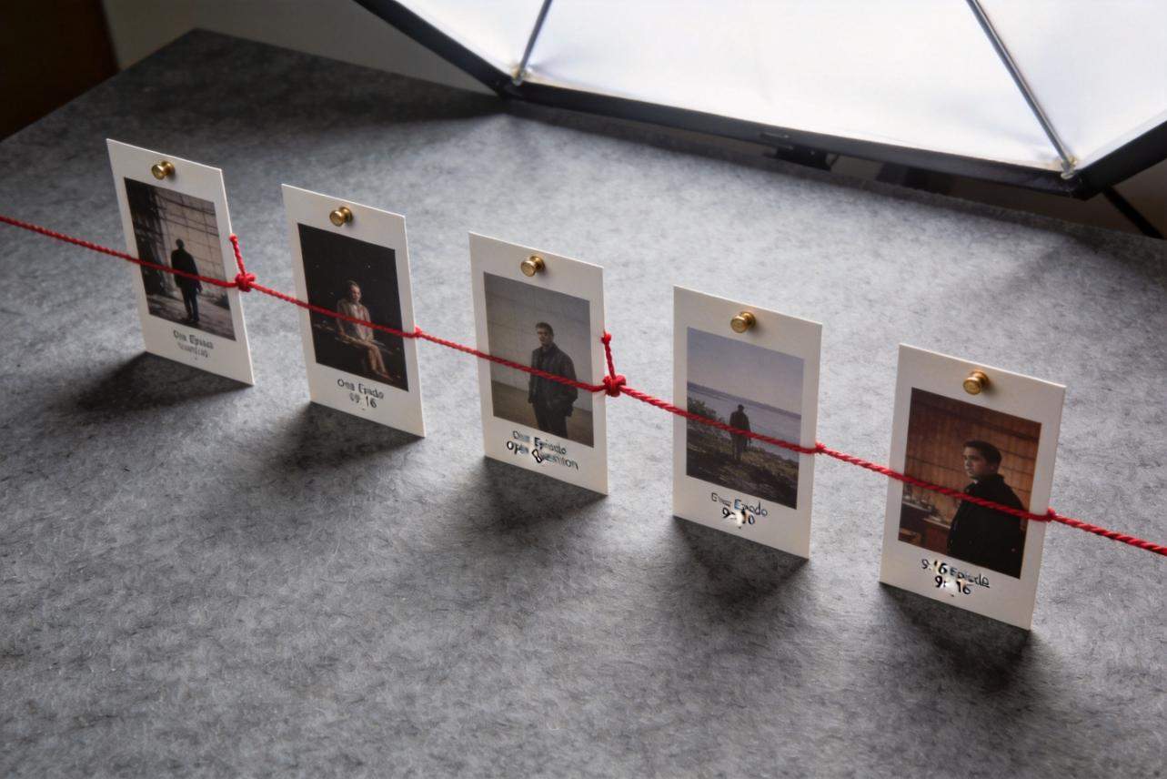 Five clipped photo cards connected by a red string, arranged like a story timeline