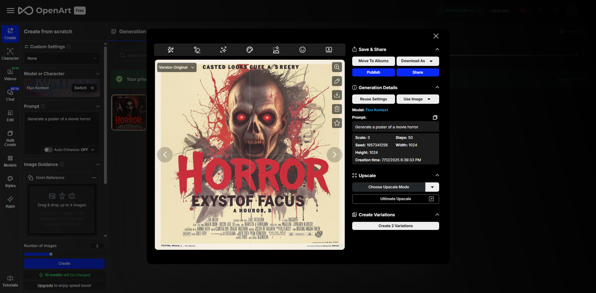 Interface of OpenArt - a free AI movie poster generator