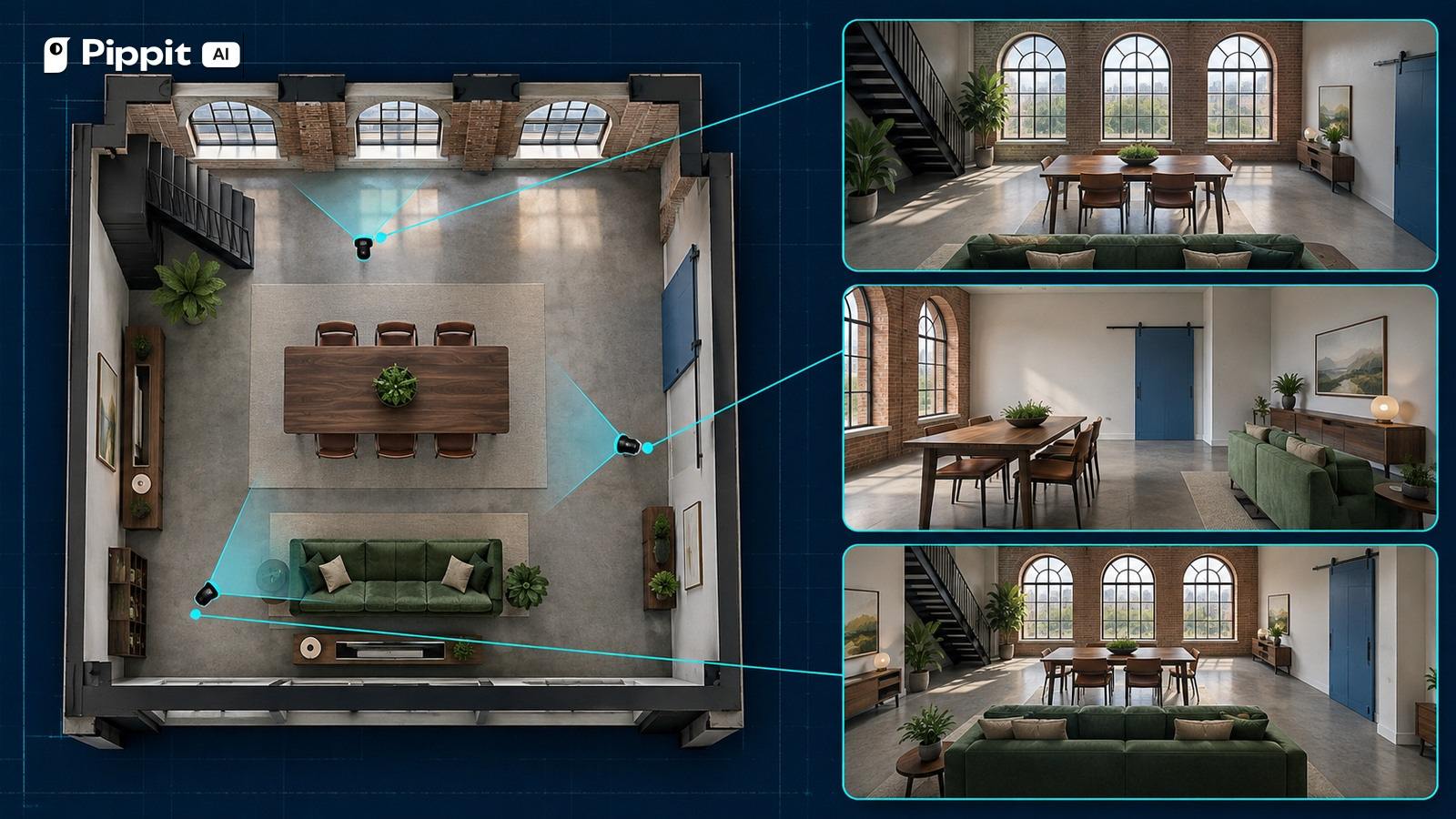 A loft floor plan with three camera cones connects to three matching interior views.