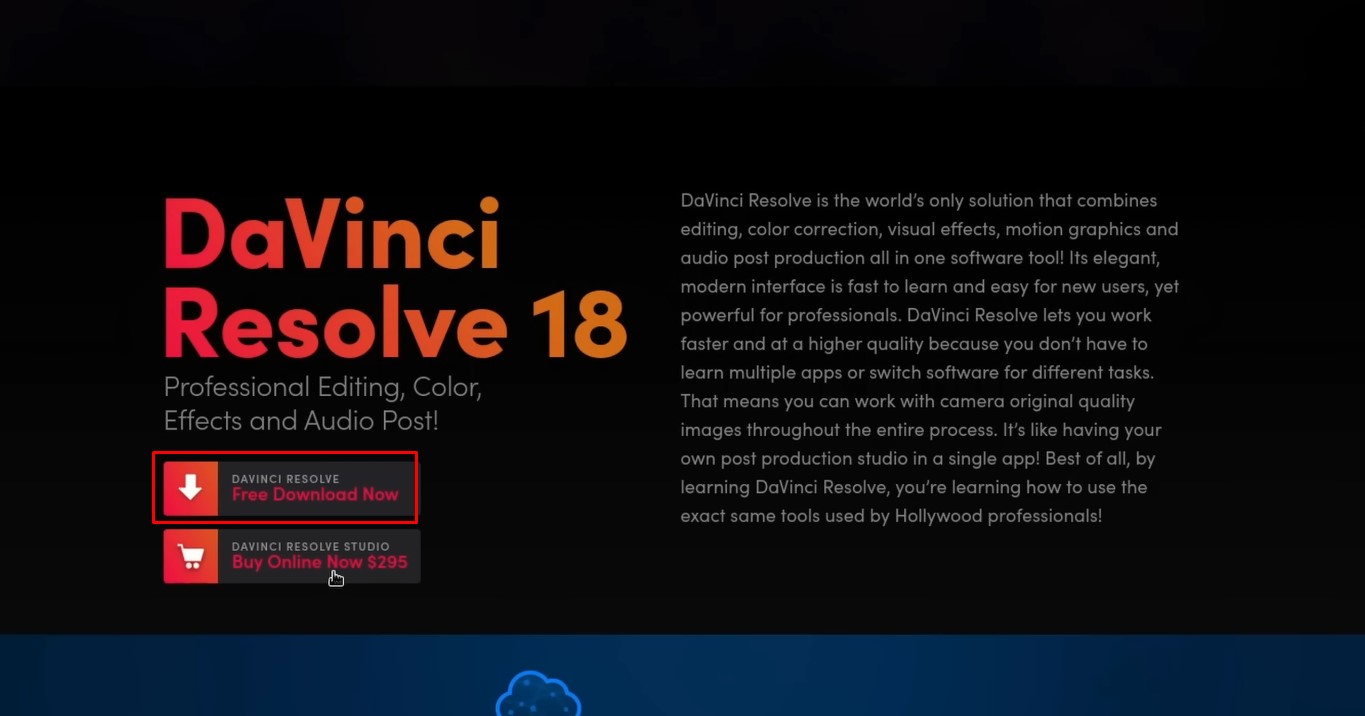 Otwórz stronę internetową, aby pobrać DaVinci Resolve na Linuksa