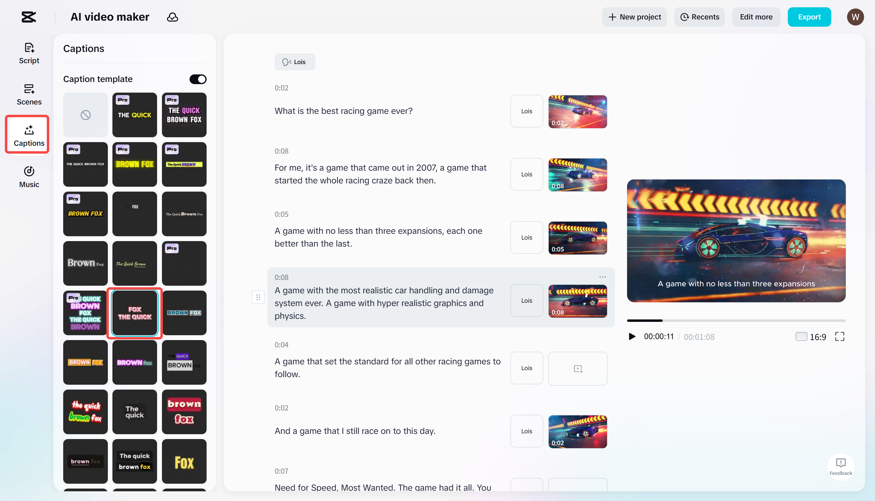 CapCut의 AI 비디오 제작 도구에서 비디오에 자막 템플릿 추가하기