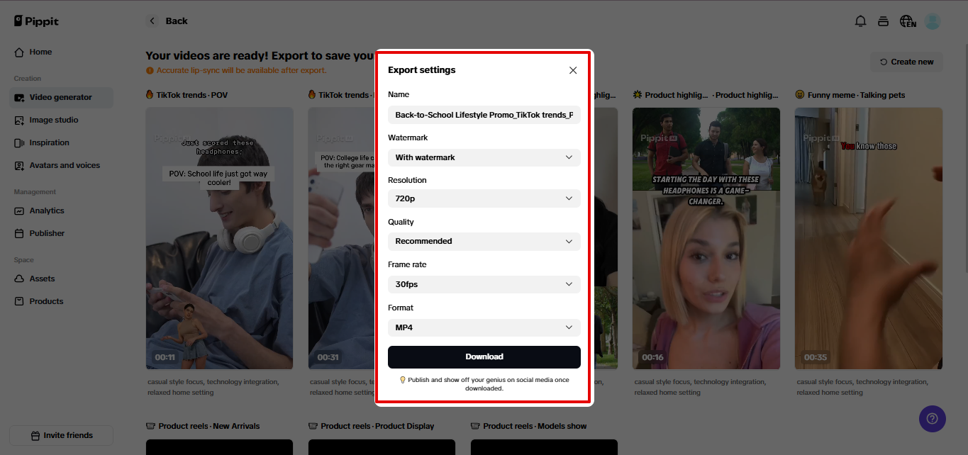 Export video from Pippit