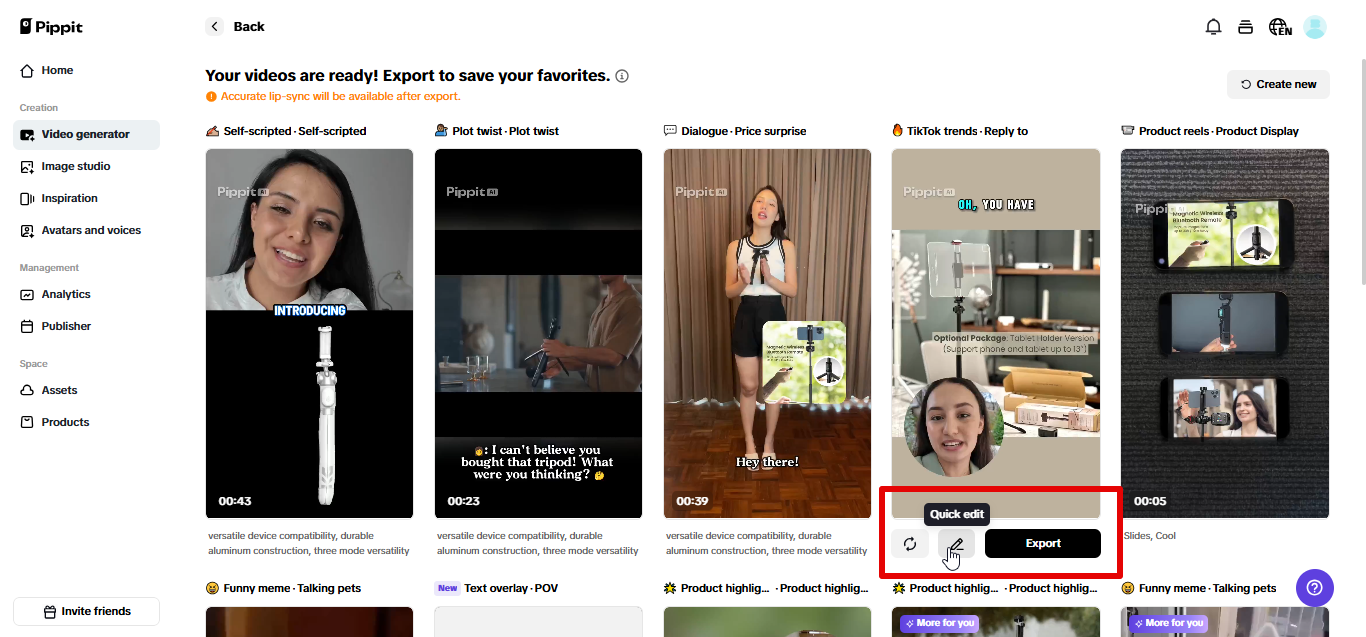 Exporting video from Pippit