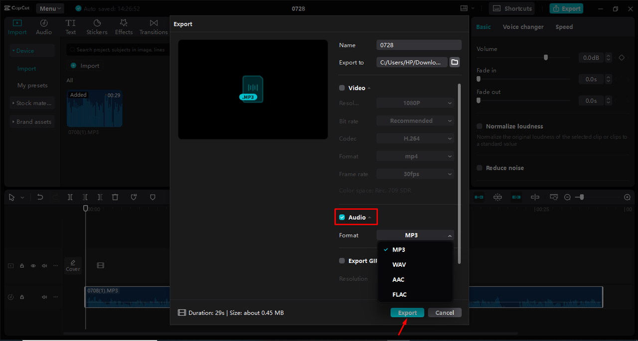 Convert and Export Audio File with CapCut