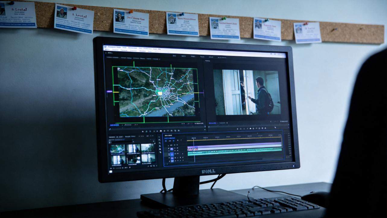 Video editing monitor showing a city map, a person at a doorway, and a timeline