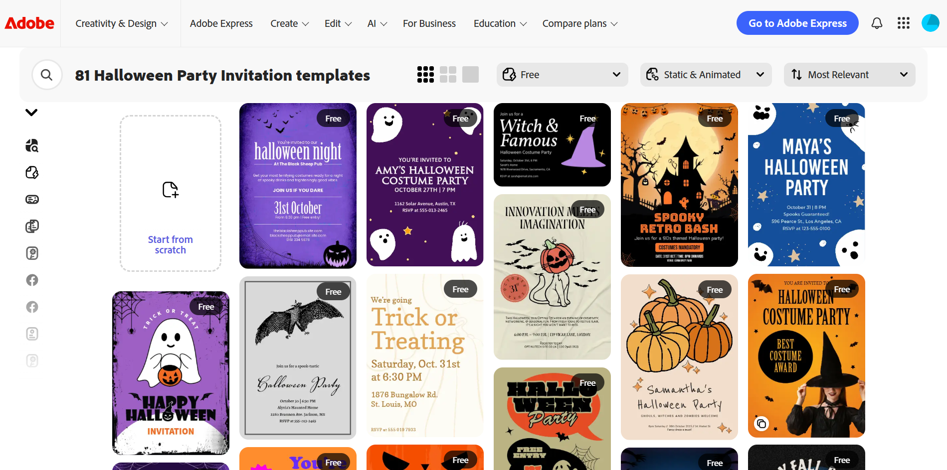 Interface of Adobe - an online tool for customizing Halloween invitation templates