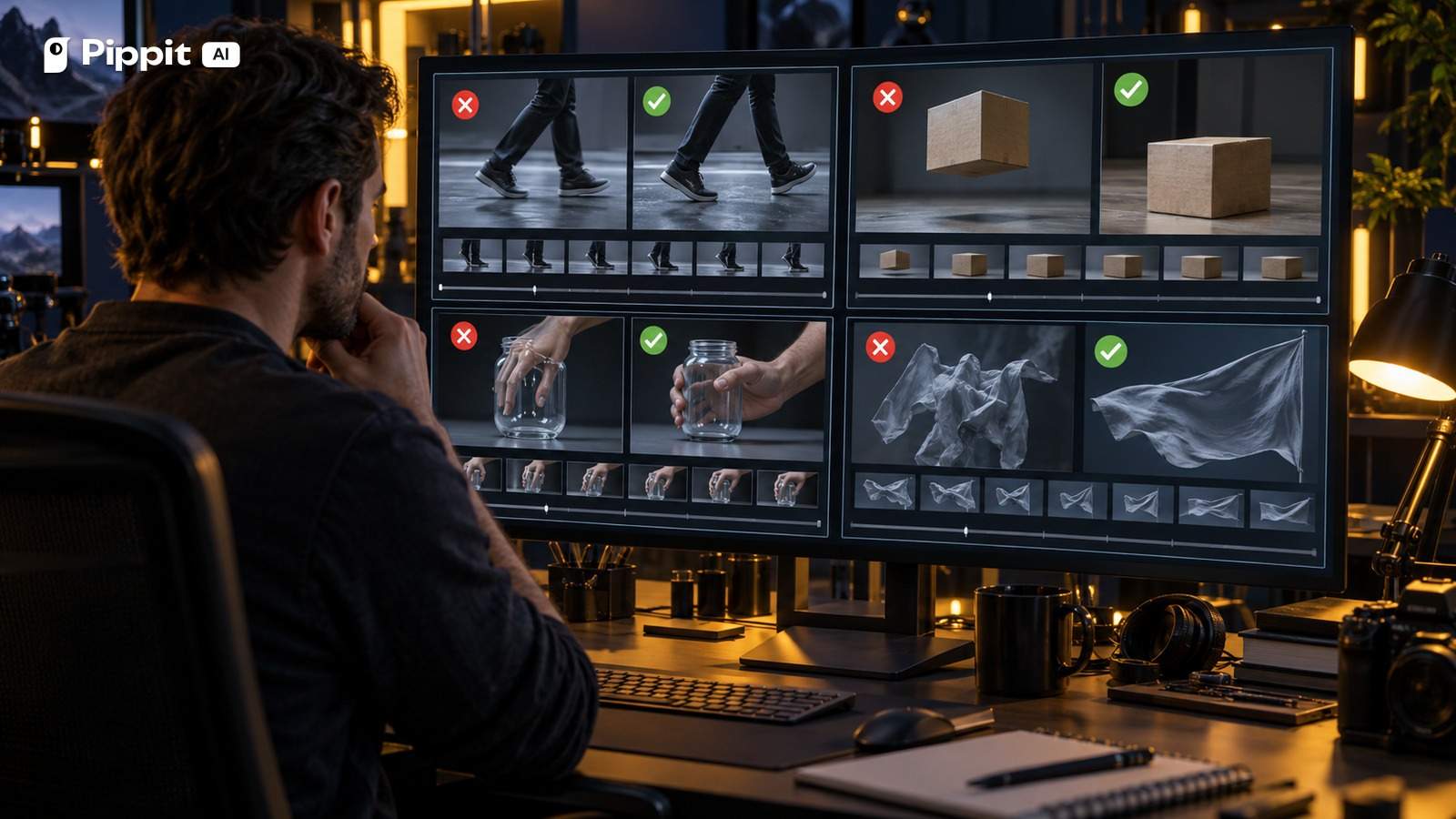 A creator compares failed and corrected subject-motion sequences on a widescreen monitor.