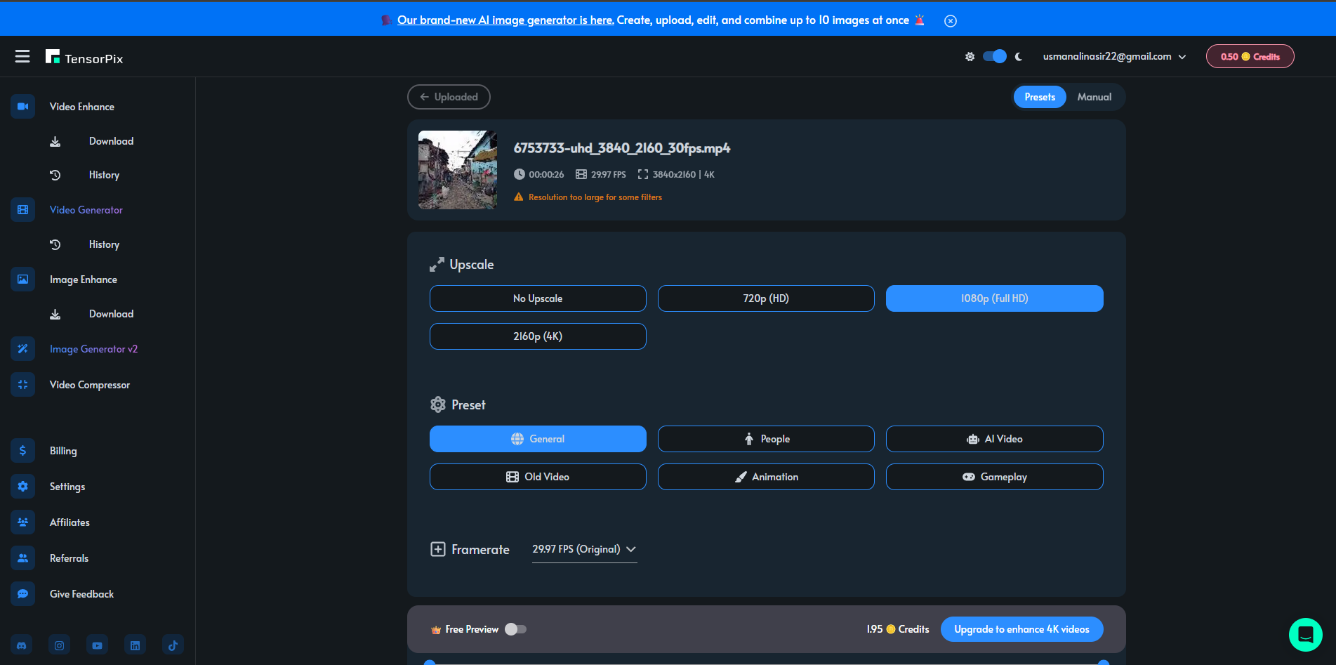 Interface of TensorPix - an easy way to upscale videos online for free