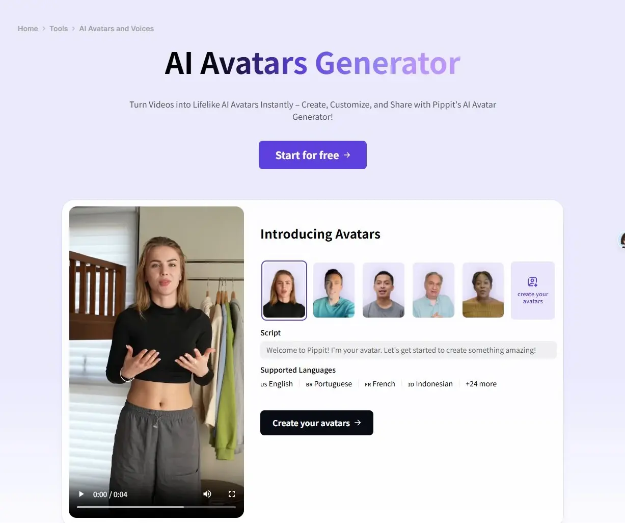 Pagina web di generazione di avatar AI con l'anteprima di un avatar donna e il pulsante crea avatar