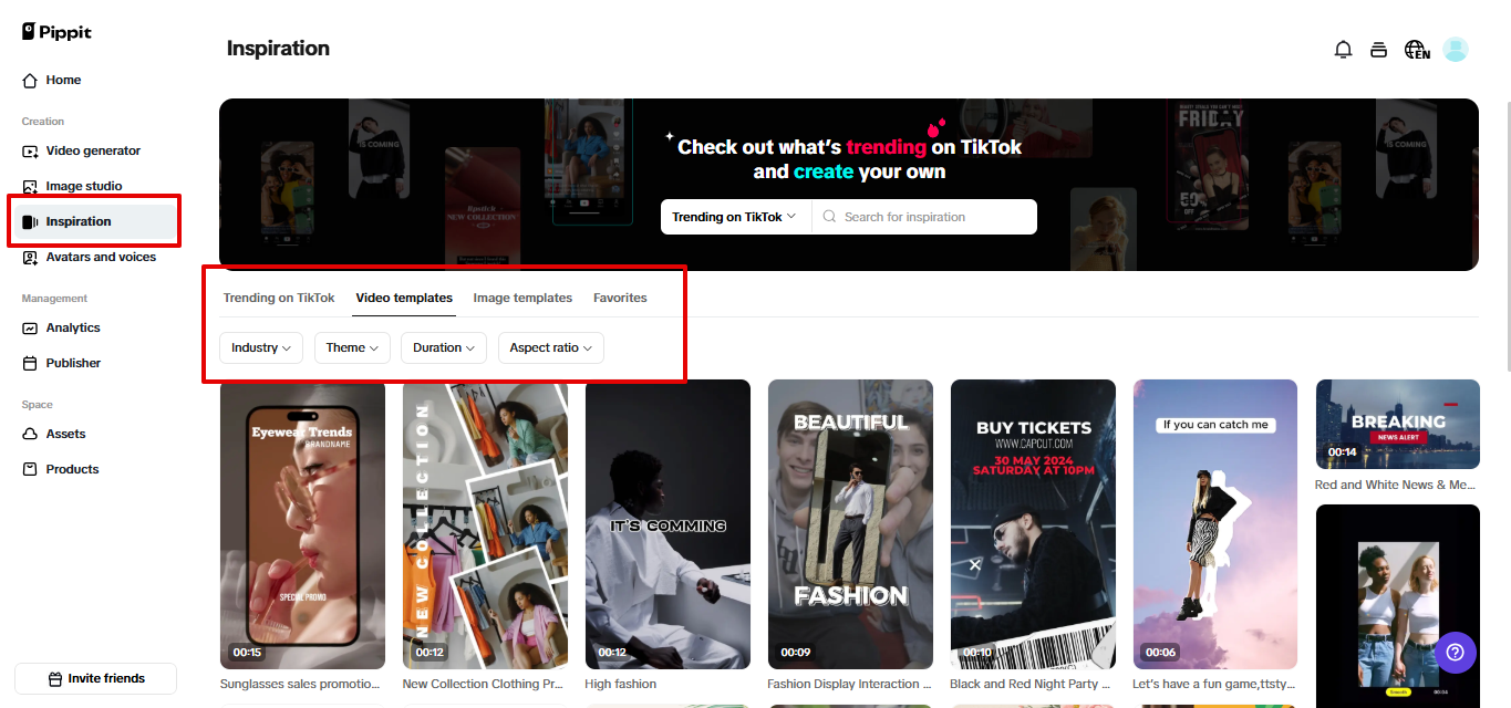 Inspiration tab in Pippit