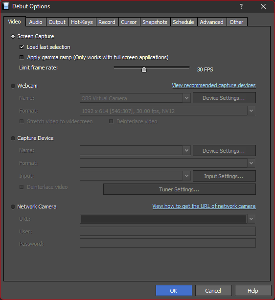 Adjust Debut settings