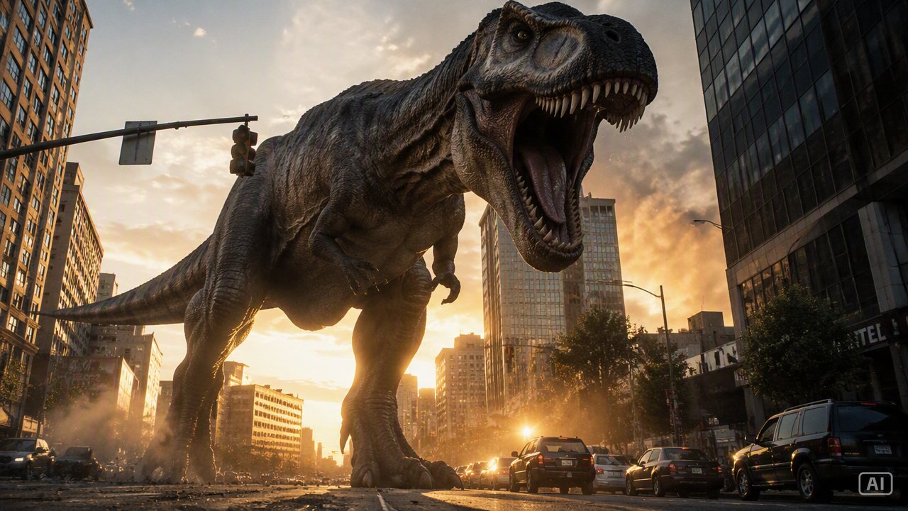AI dinosaur in modern city image generated by Pippit