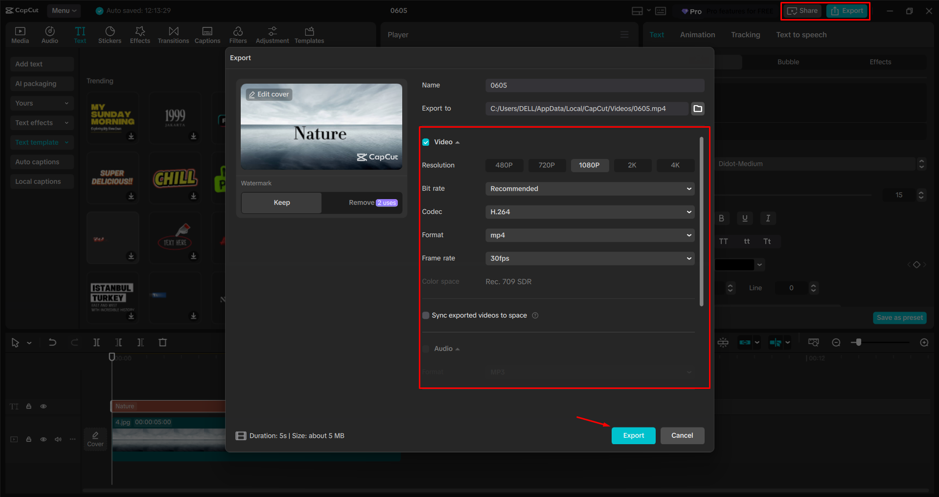 Exporting a video from the CapCut desktop video editor