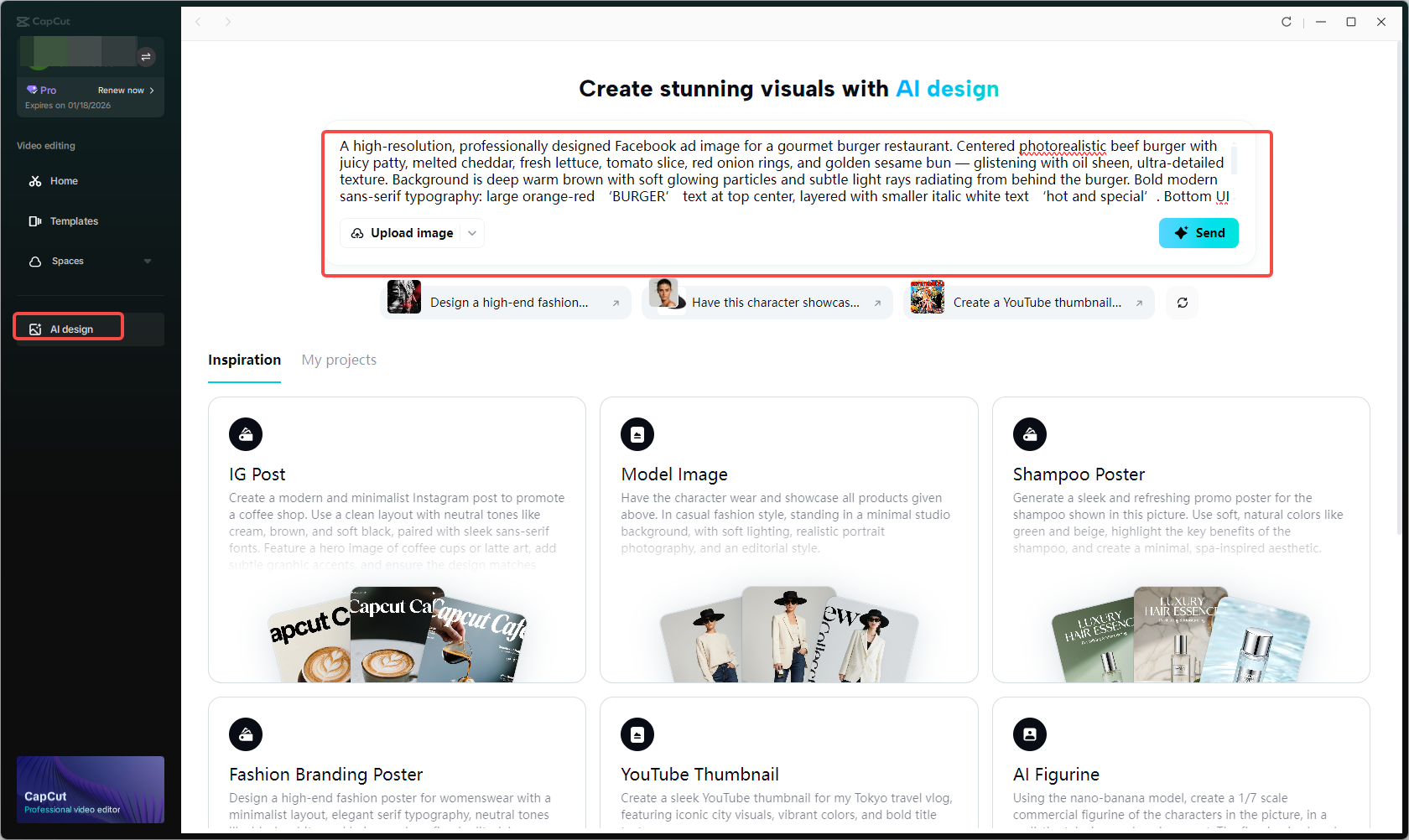 Accessing the AI design feature and writing Facebook ad image prompt