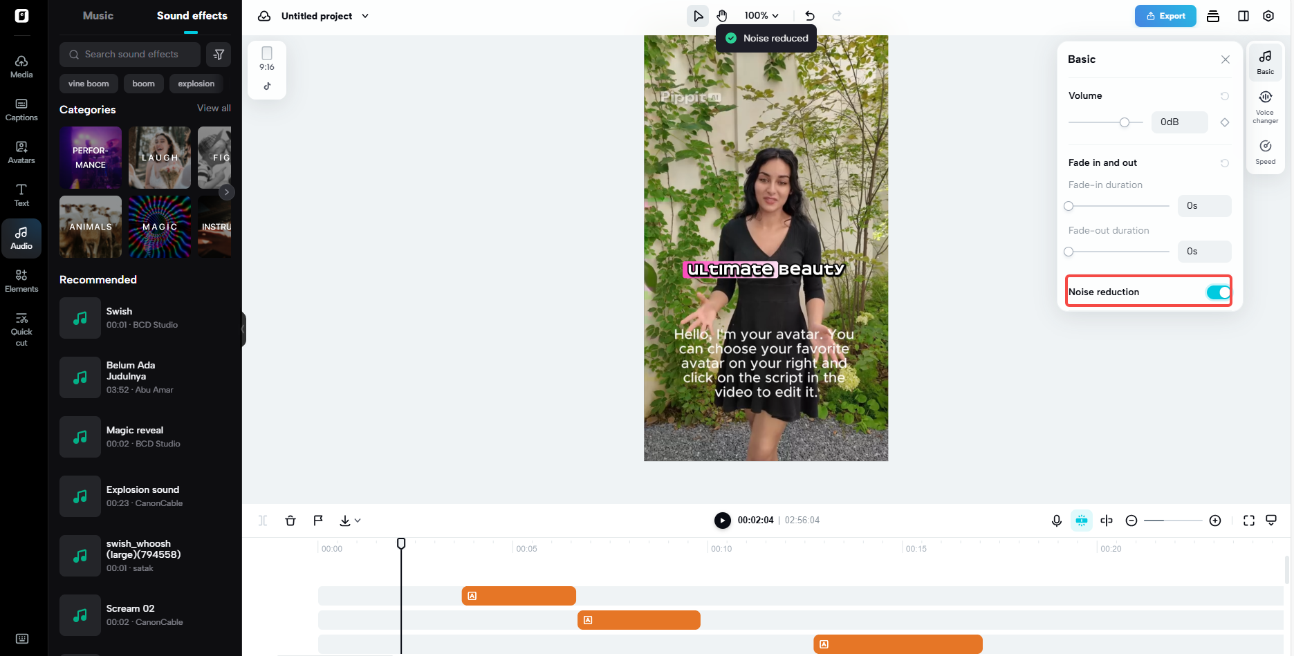 Audio noise reduction in Pippit