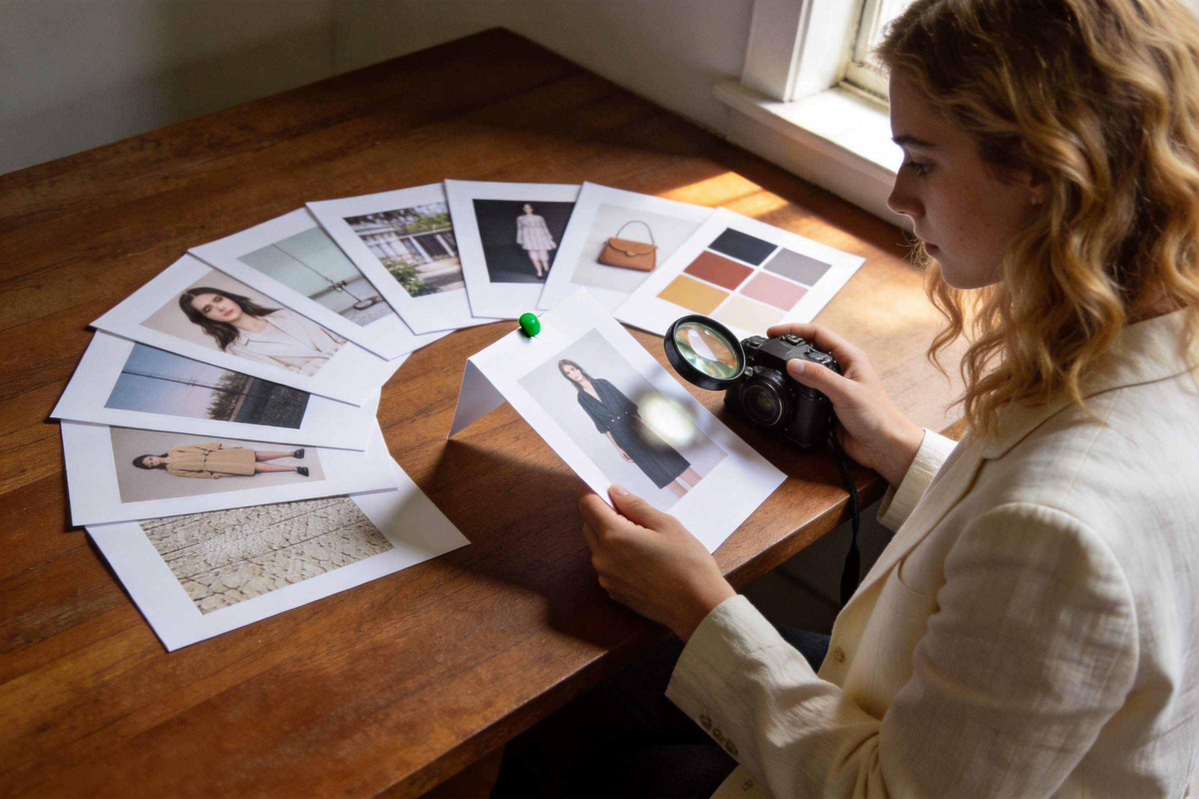 Woman studies printed reference photos and color swatches beside a camera on a wooden table